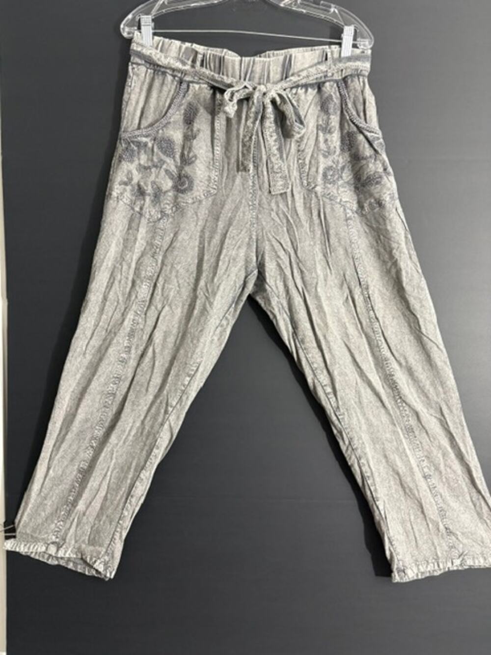 Solitaire Boho Embroidered Wide Leg Pants Womens XL Mineral Wash Linen Blend